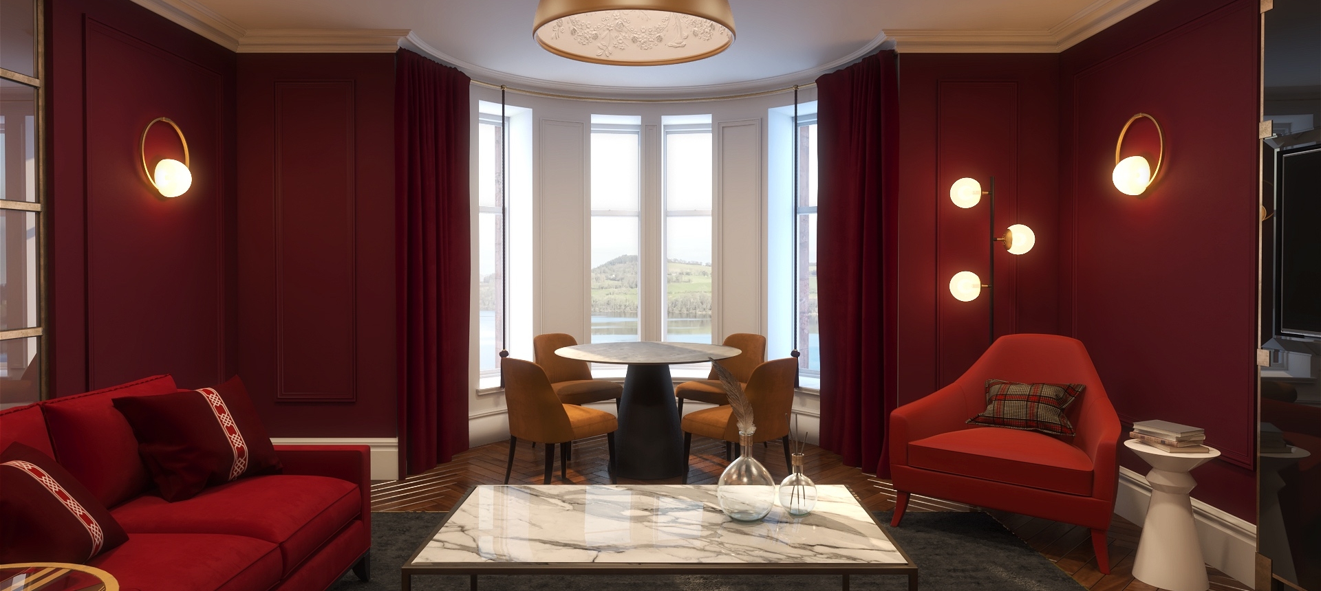 A luxurious room at Cameron House filled with red furniture and red painted walls