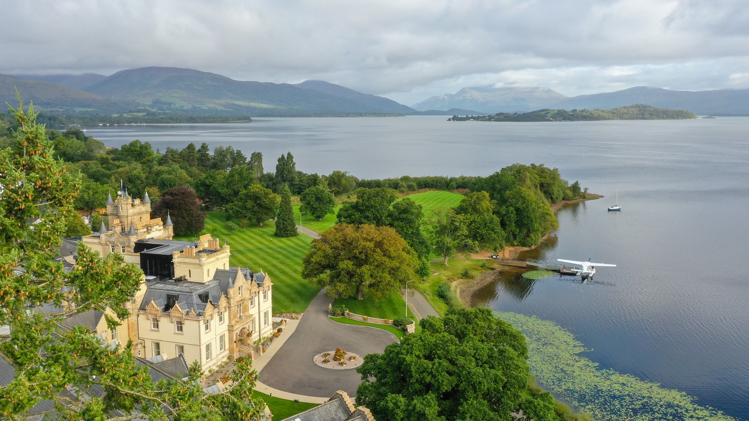 Aerial View of Cameron House. In the background Loch Lomond can be seen
