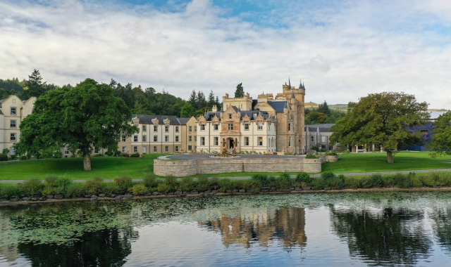 Exterior of the beautiful Camron House with a pond in the foreground