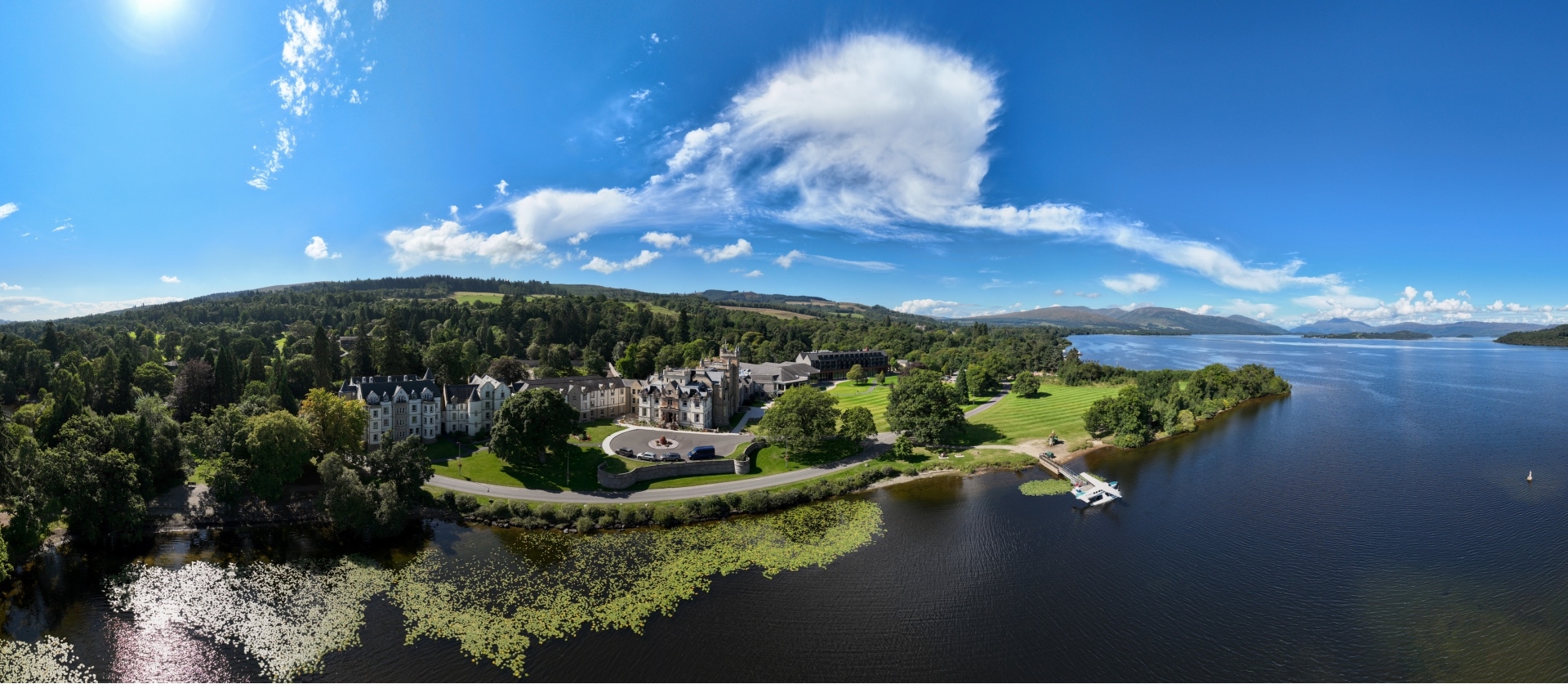 aerial view of cameron house with Loch Lomond in the foreground