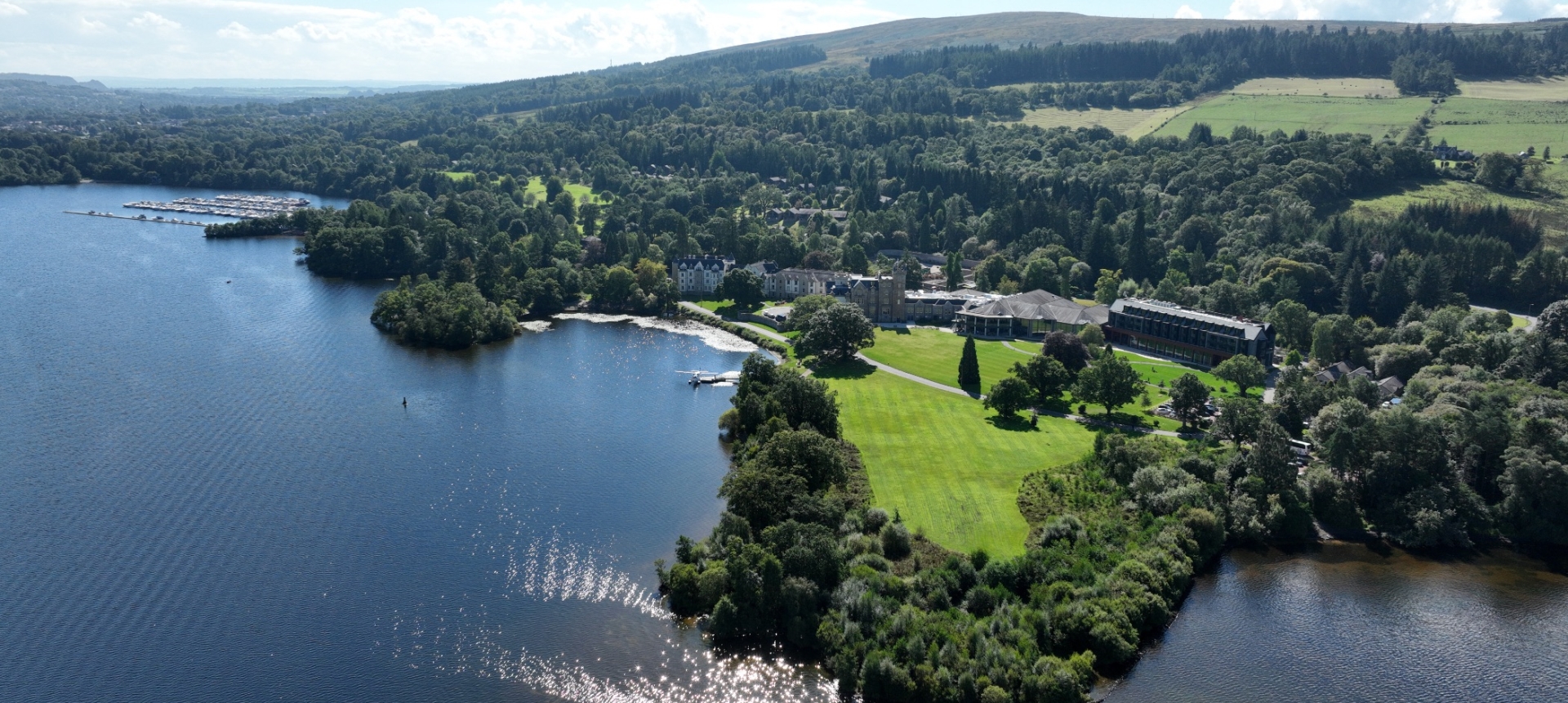 Aerial view of Loch Lomond with Cameron House in the background