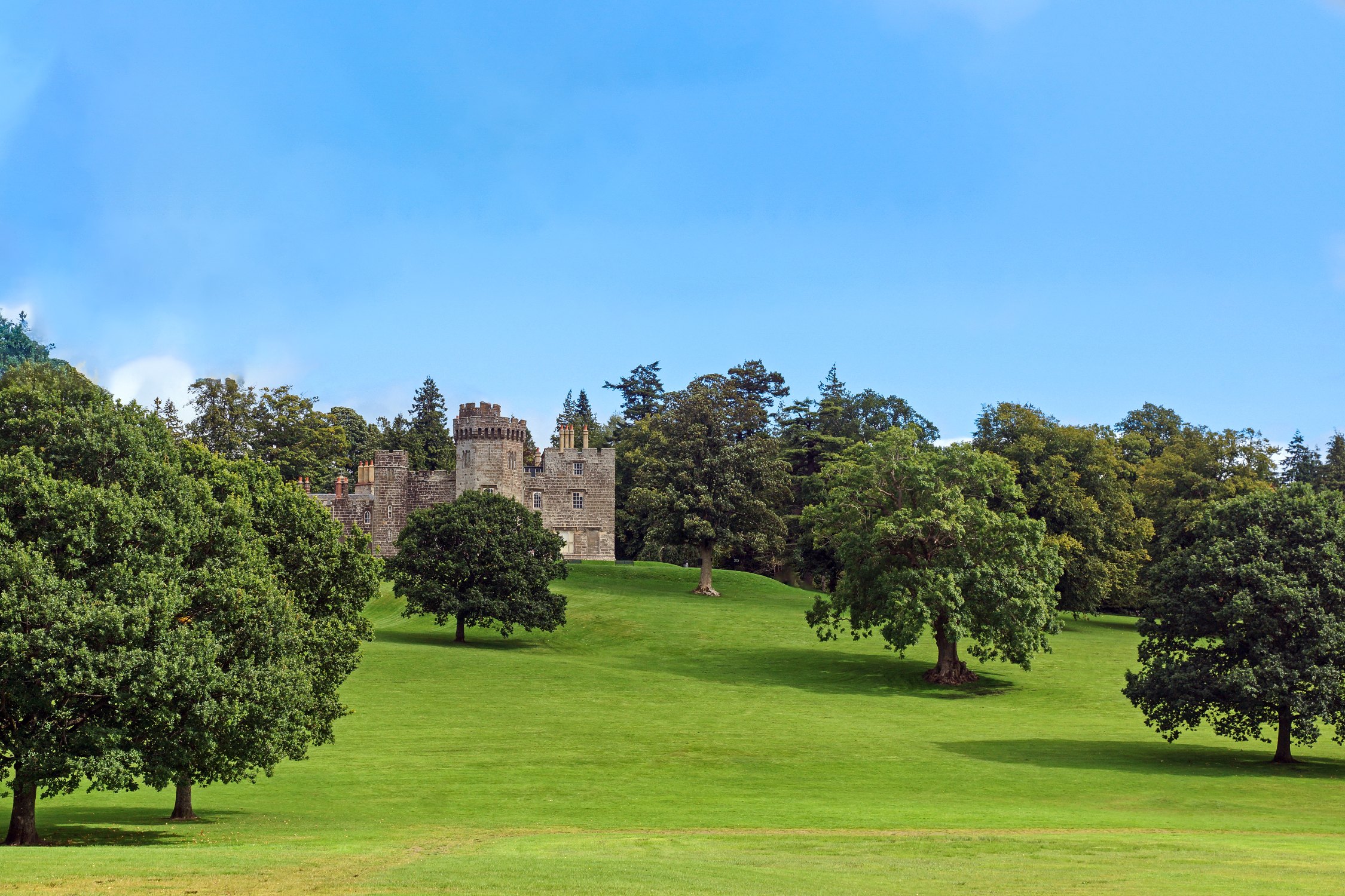 A Scottish castle with a lush green lawn in Balloch Country