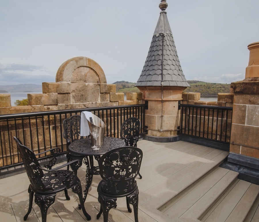 The outdoor terrace with tables and chairs