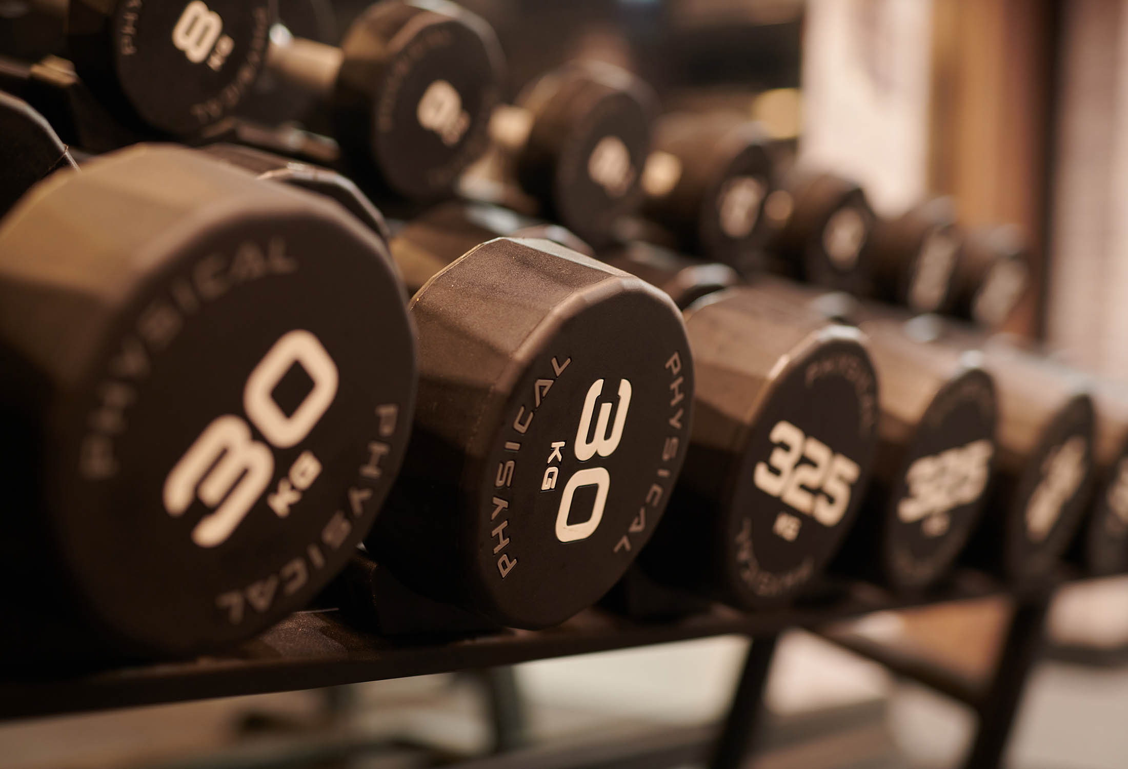 close up view of 30 pound dumbells sittings on a weight rack