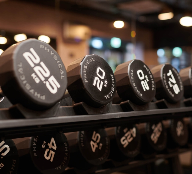 close up view of weights sitting on a rack in a gym