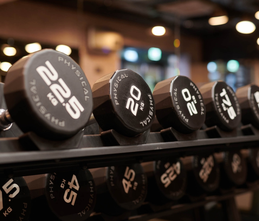 close up view of weights sitting on a rack in a gym