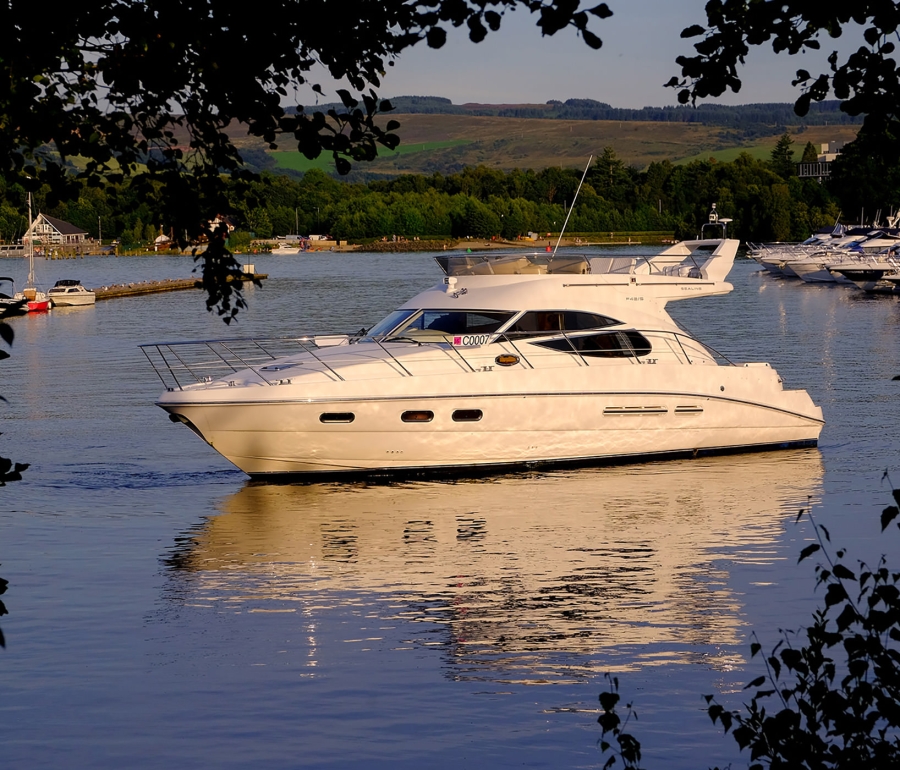 large white boat on the water in a marina on a sunny day with mountains in the background