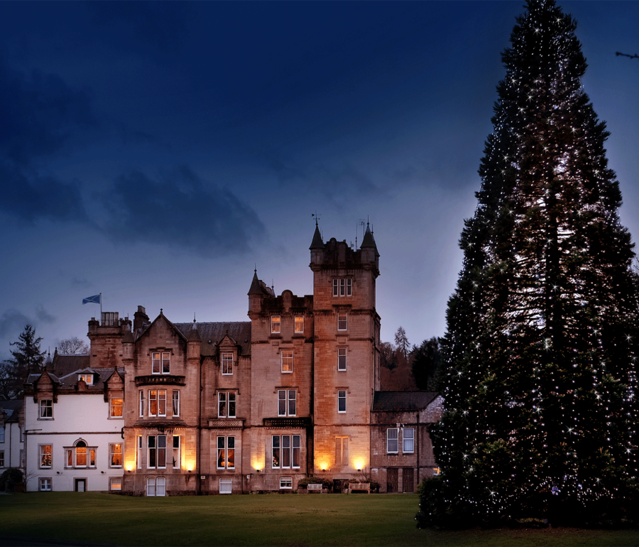 castle like building with a large christmas tree decorated outside