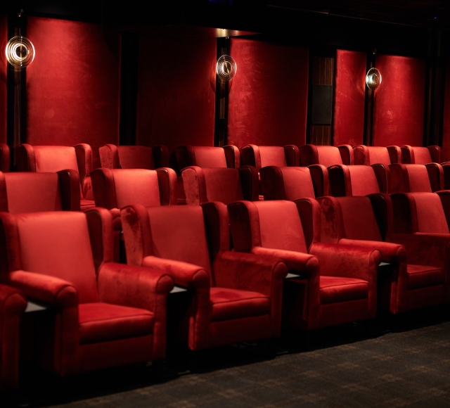 Cameron House cinema featuring three rows or red seats and lights.