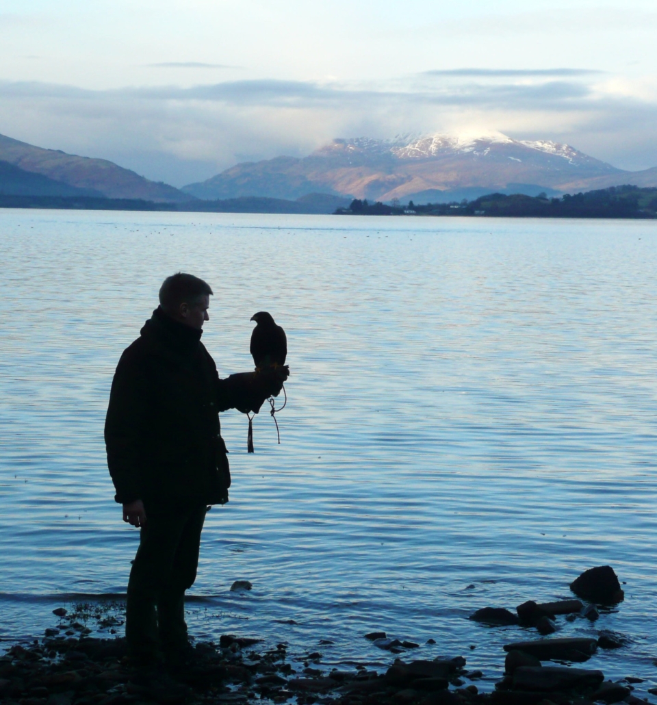 a man holding a falcon standing on the side of the water with large mountains in the background