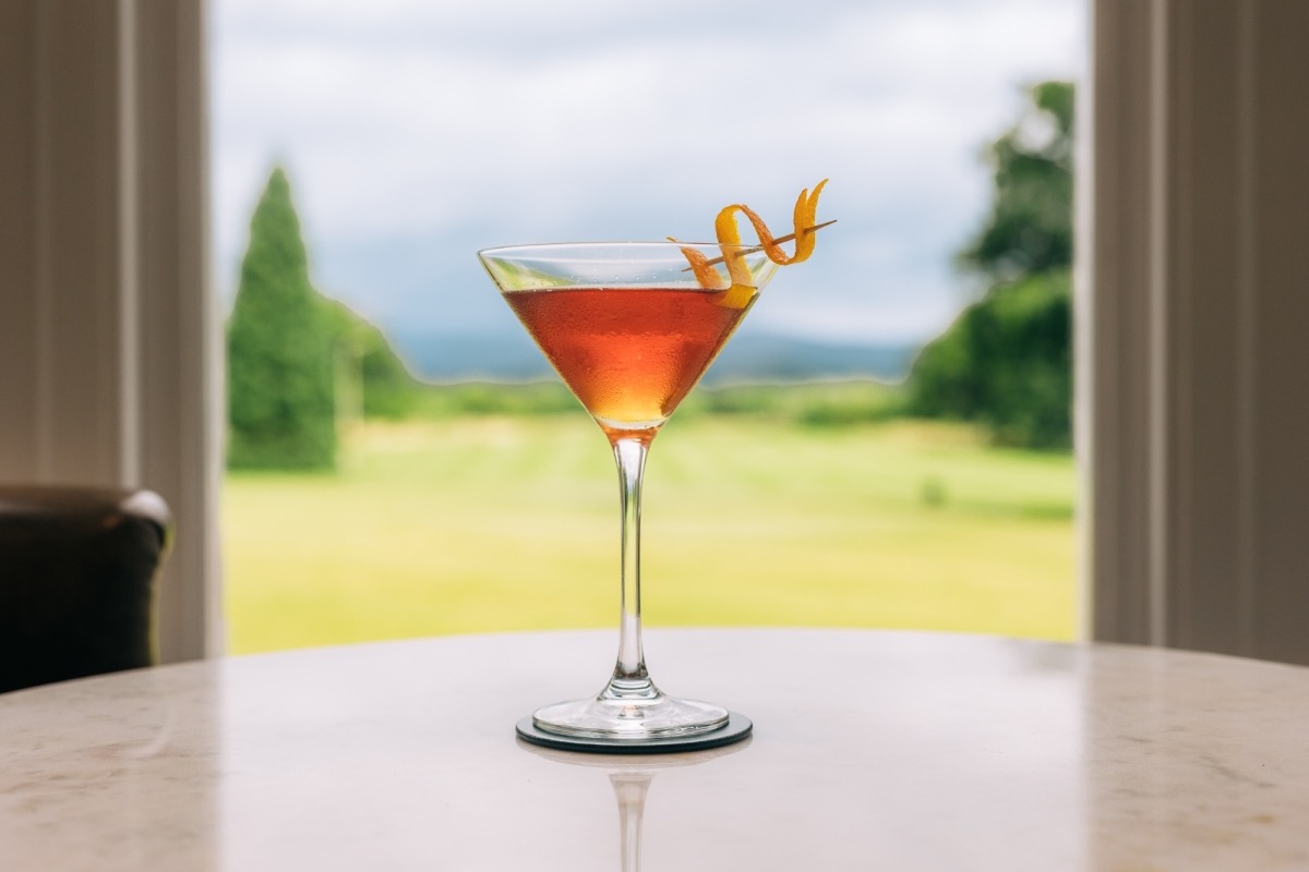 a martini sitting on a black coaster with the view of the outside in the background