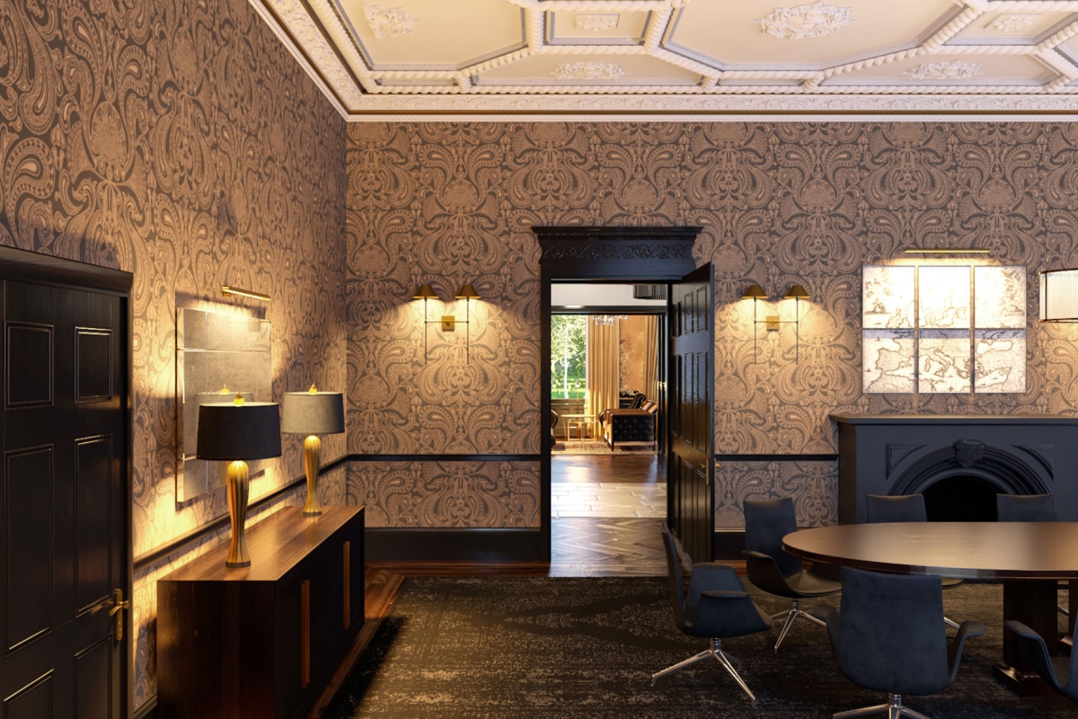 entryway into a room with a black fireplace and chairs set up