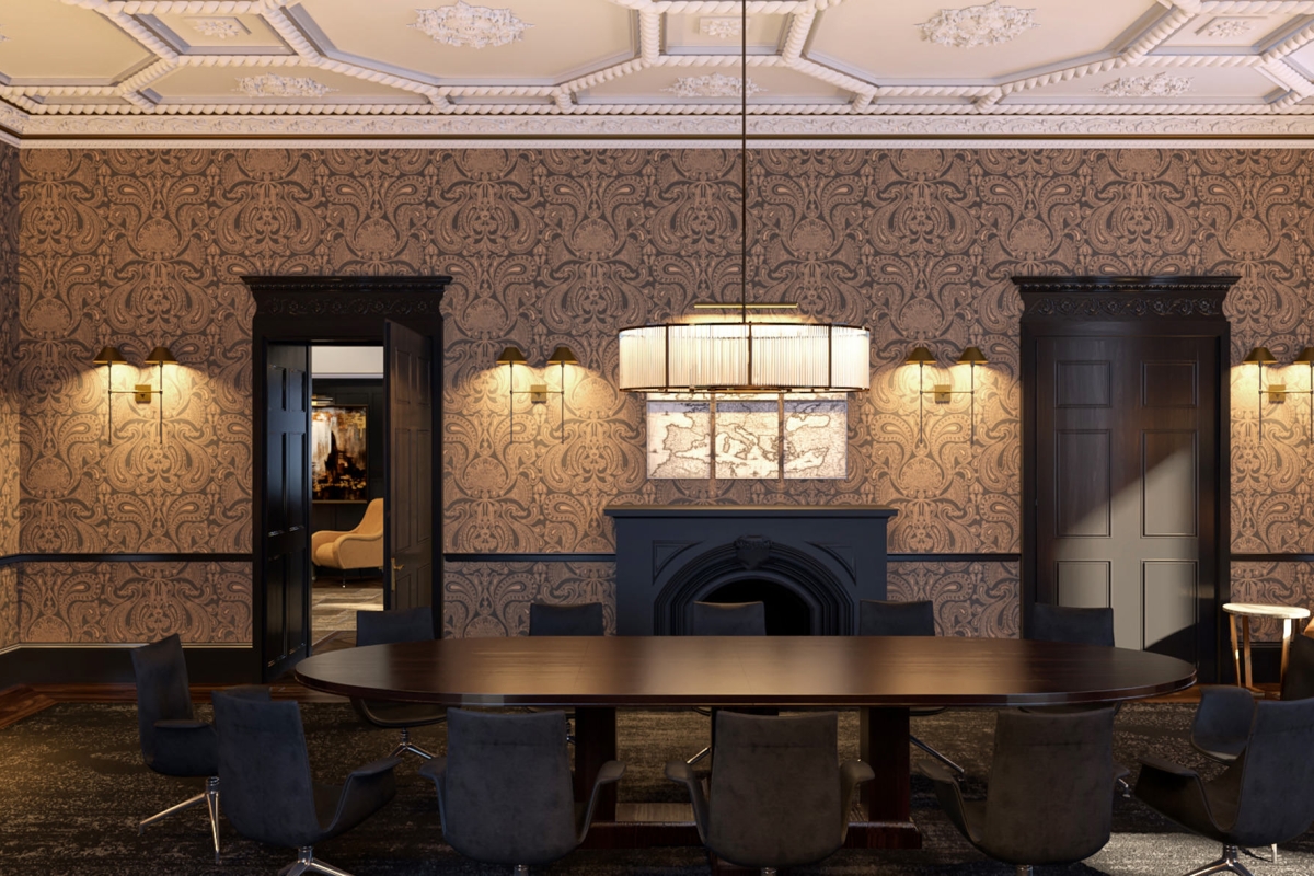 large oval table with chairs surrounding it and a black fireplace behind