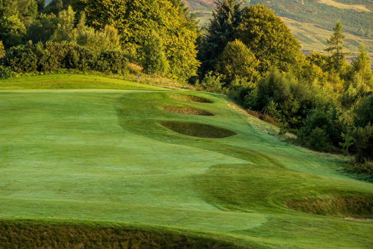 close up view of sand dunes on a golf course surrounded by trees and mountains