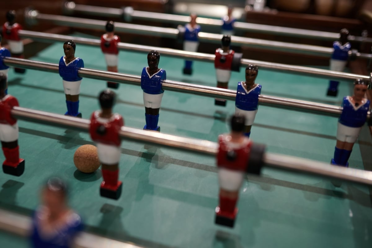 close up view of a foosball table