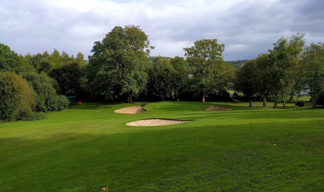 golf course with sand pits surrounding the hole and trees along the edges