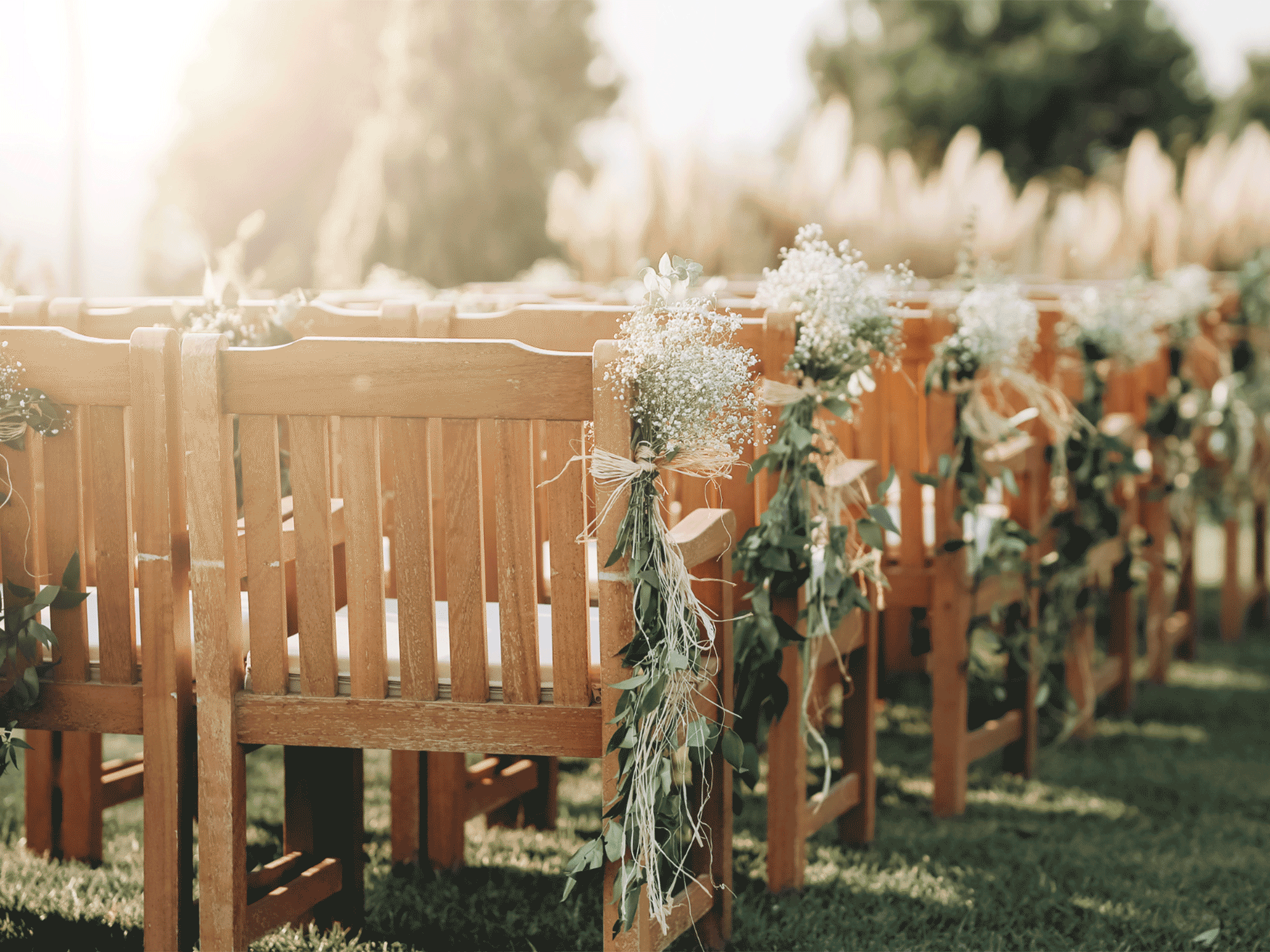 rows of wooden chairs set up outside on the grass
