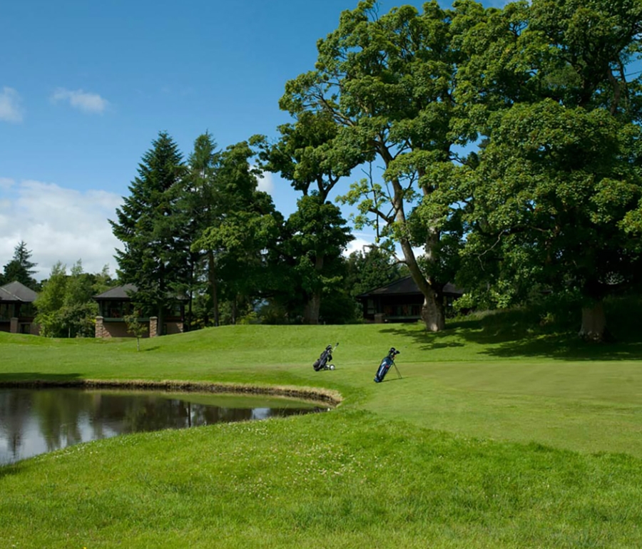 a golf course with two bags set up by the hole on the edge of a lake