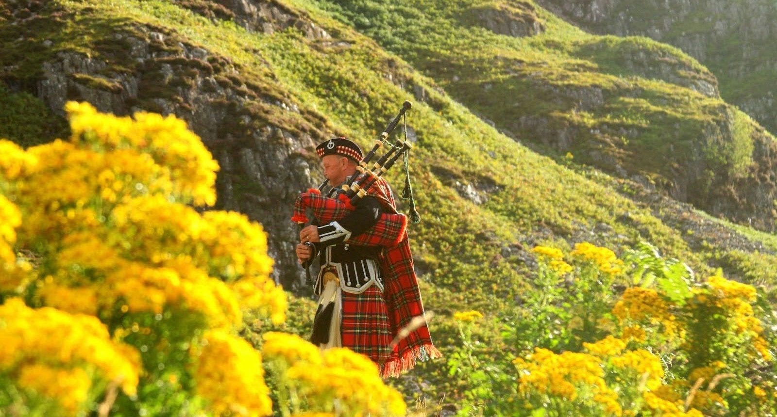 A Scottish piper dressed in kilt, piping in the Scottish hills during a sunny day.