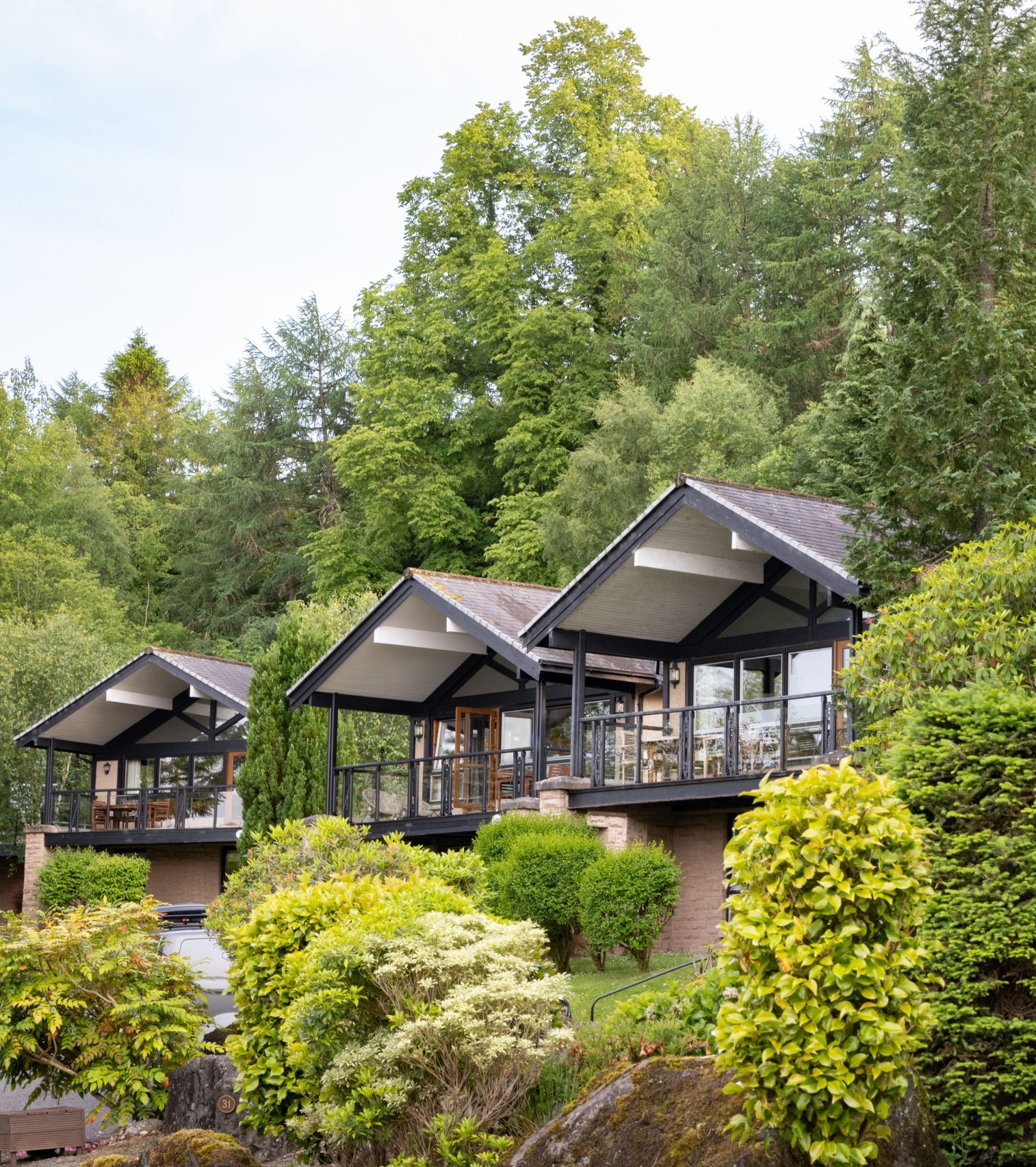 Modern Cameron Lodges overlooking landscaped gardens, surrounded by lush green trees on the hillside near Loch Lomond.